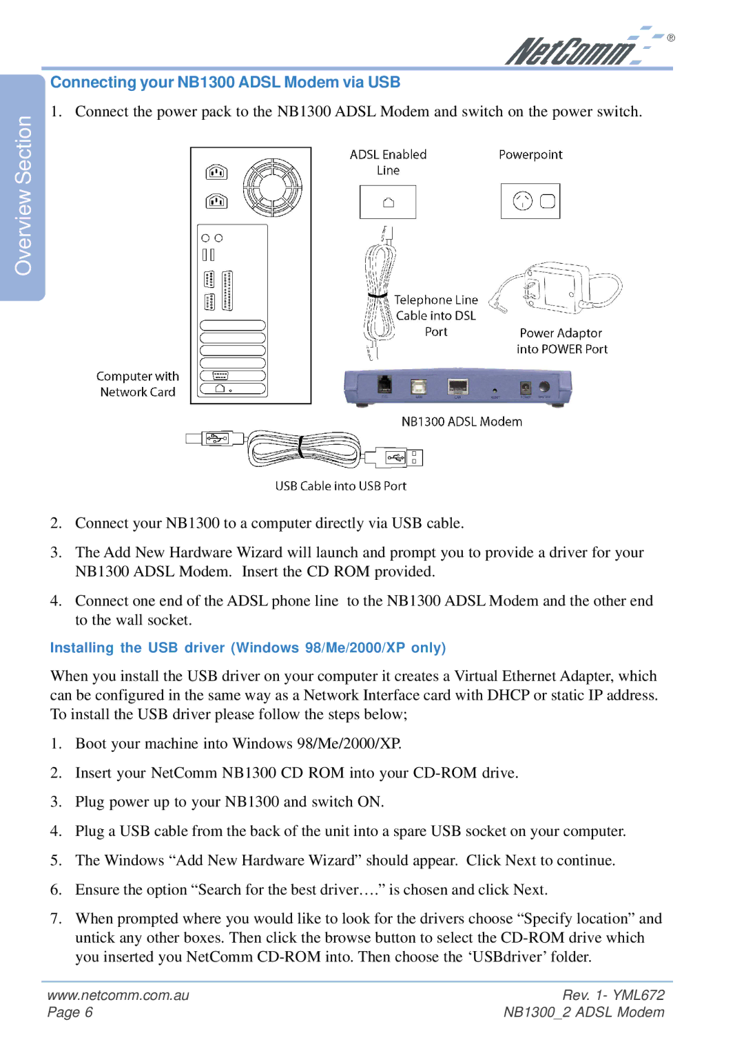 NetComm NB1300 Plus 4W manual Connecting your NB1300 Adsl Modem via USB 