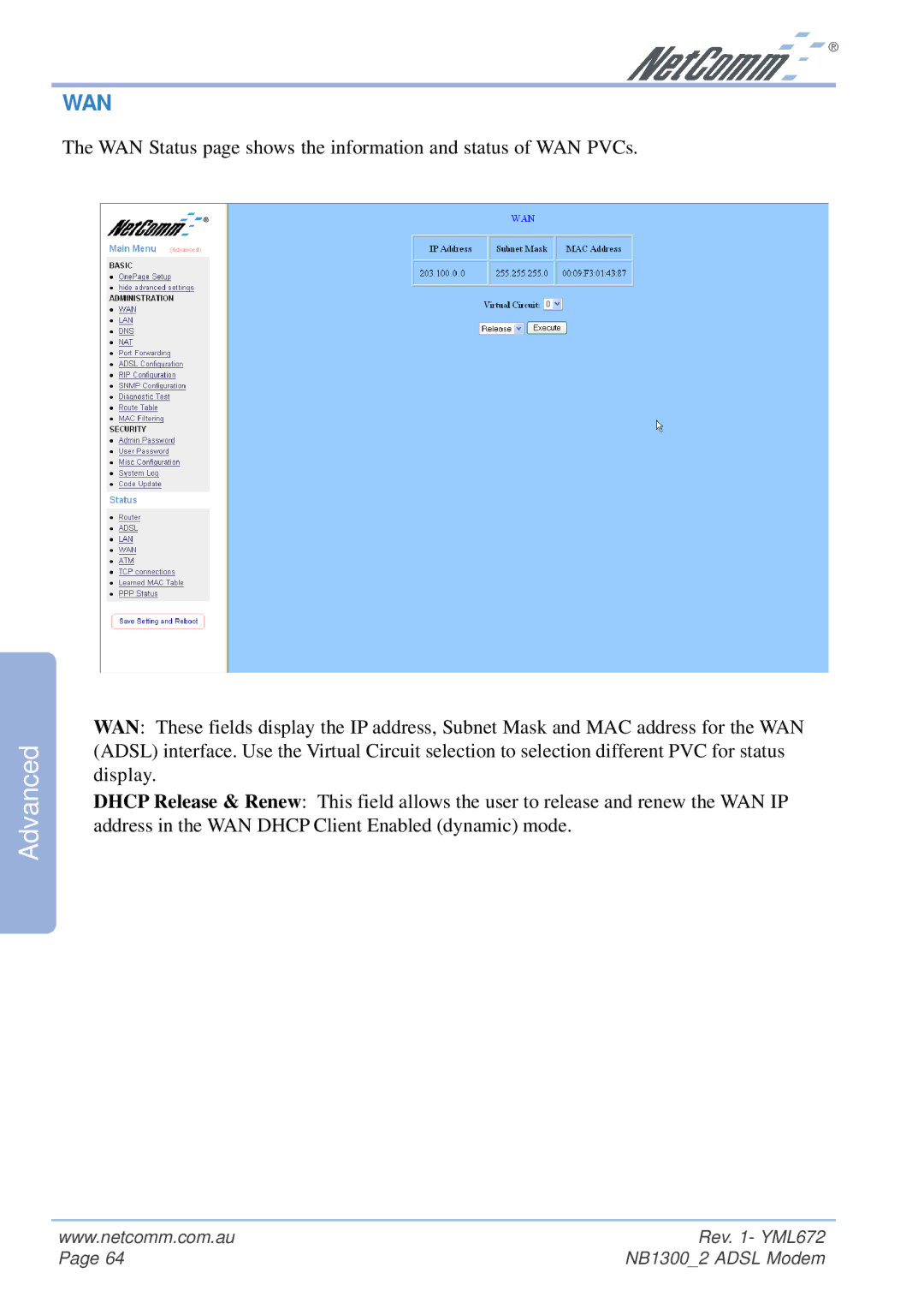 NetComm NB1300 Plus 4W manual WAN Status page shows the information and status of WAN PVCs 