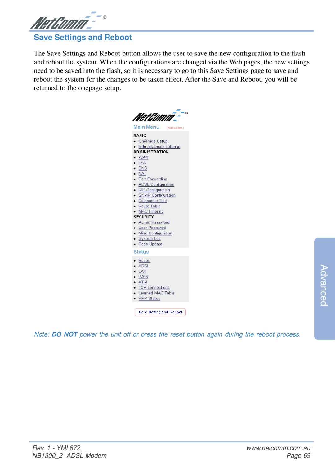 NetComm NB1300 Plus 4W manual Save Settings and Reboot 