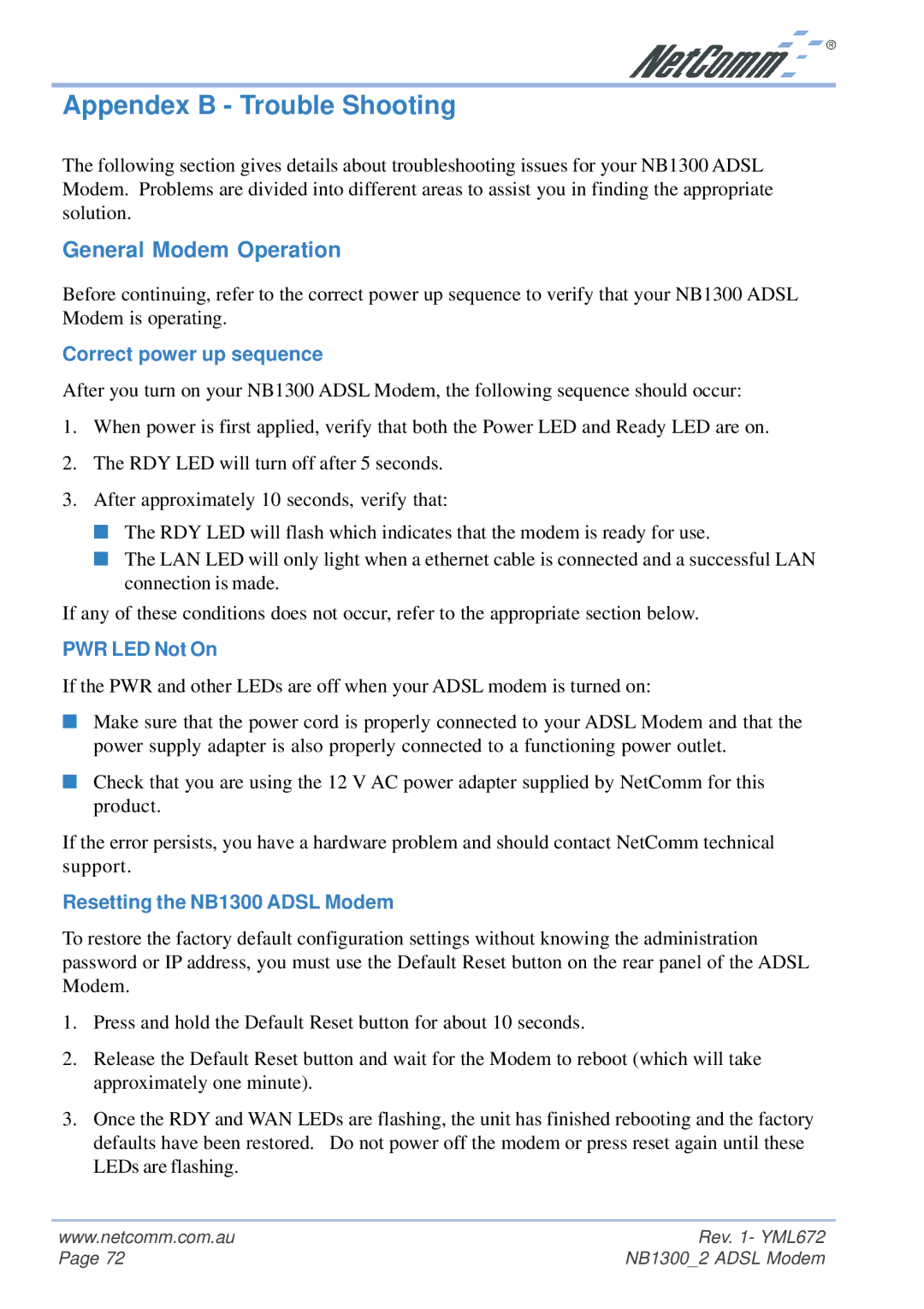 NetComm NB1300 Plus 4W General Modem Operation, Correct power up sequence, PWR LED Not On, Resetting the NB1300 Adsl Modem 