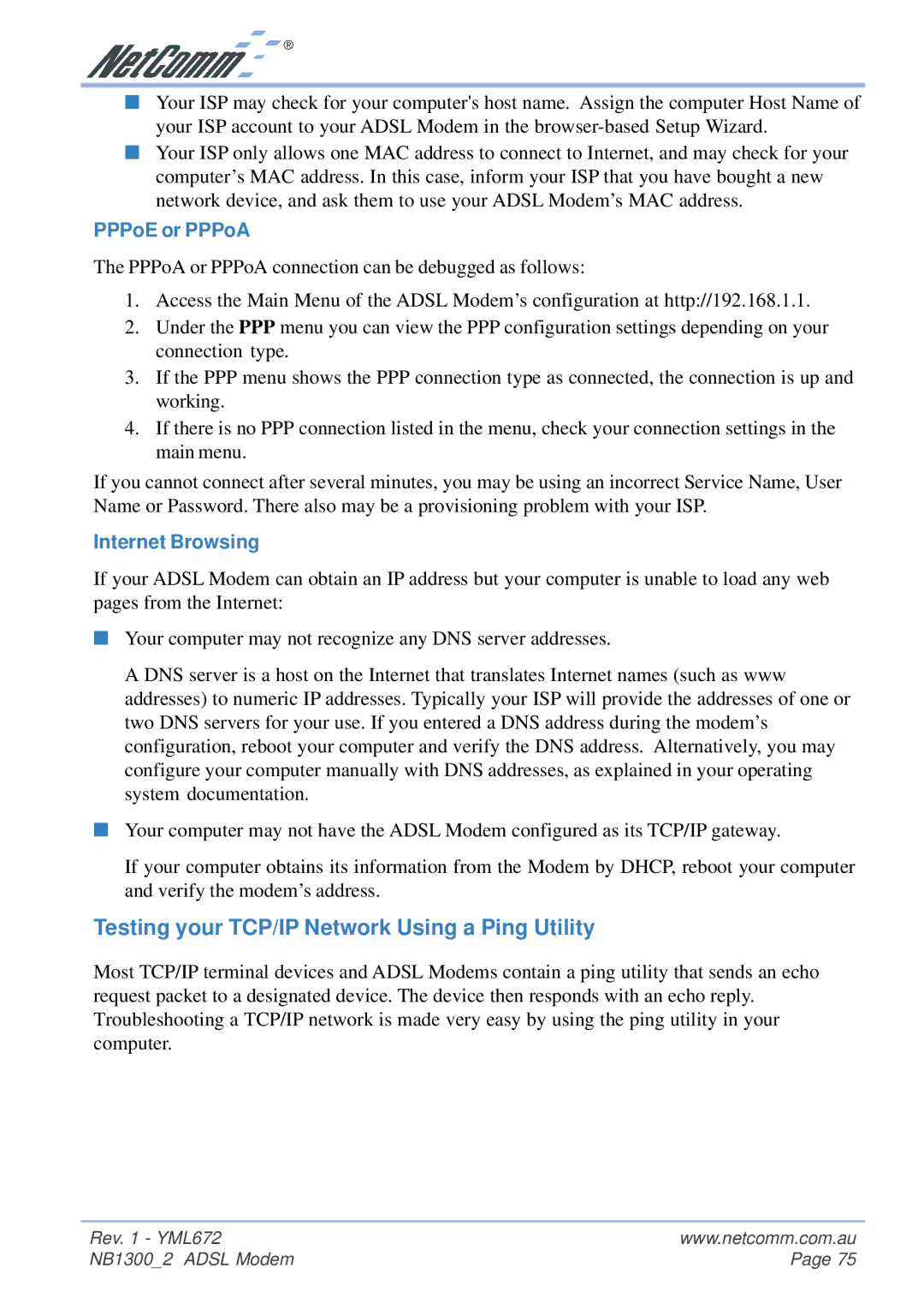 NetComm NB1300 Plus 4W manual Testing your TCP/IP Network Using a Ping Utility, PPPoE or PPPoA, Internet Browsing 