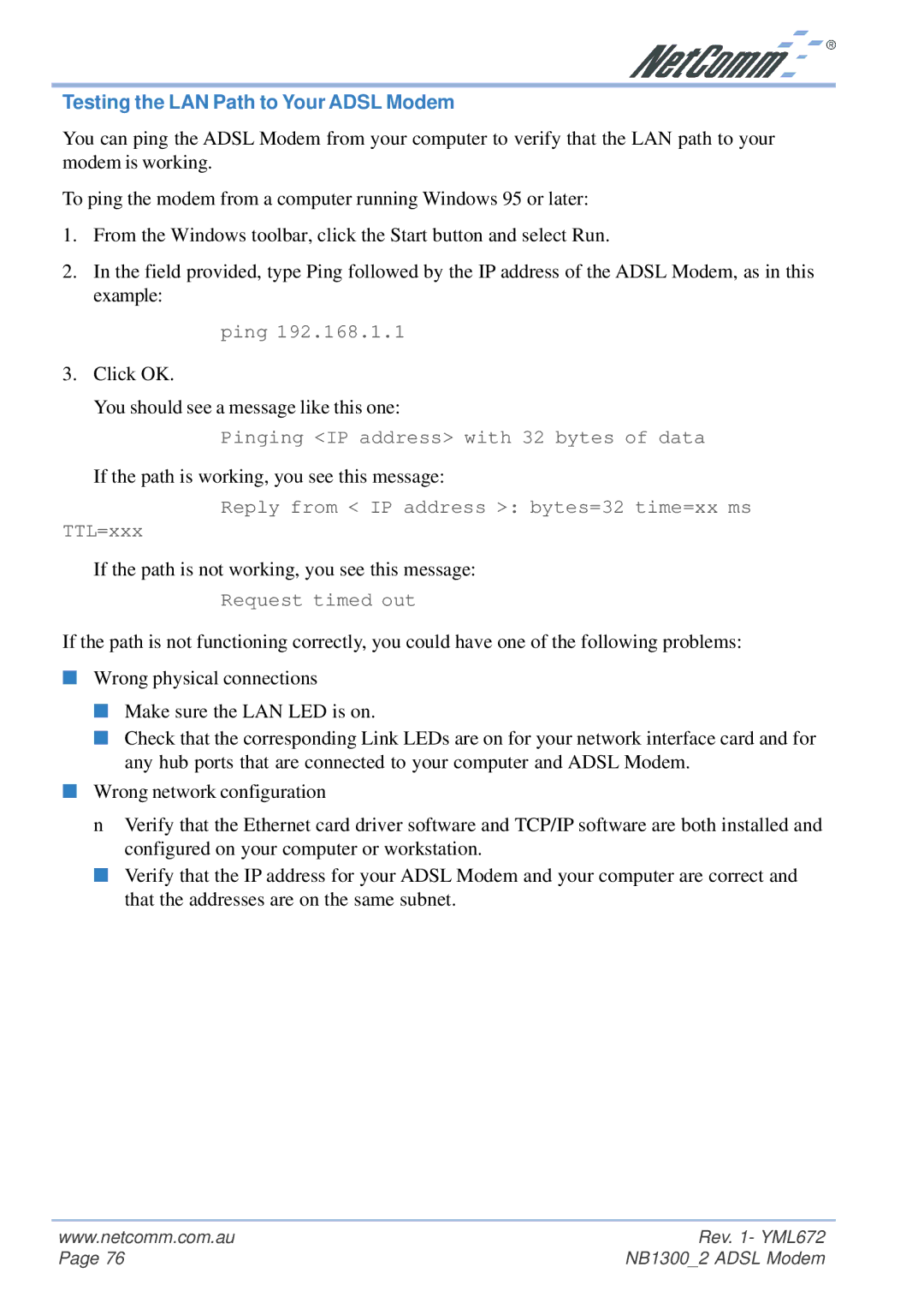 NetComm NB1300 Plus 4W manual Testing the LAN Path to Your Adsl Modem 