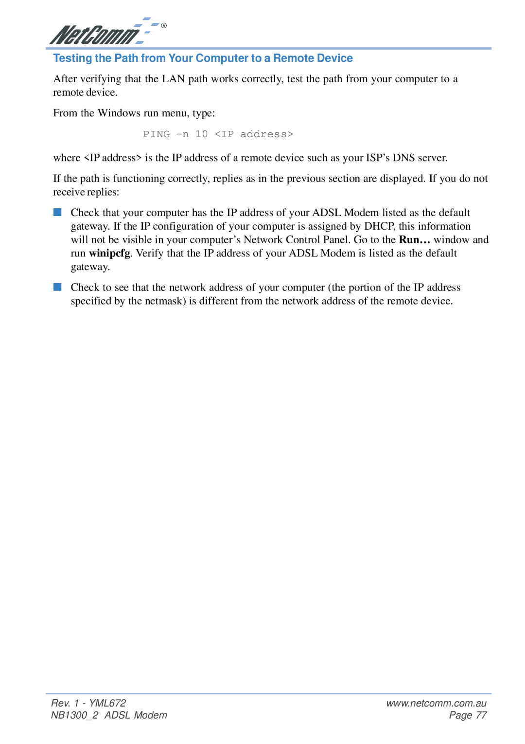 NetComm NB1300 Plus 4W manual Testing the Path from Your Computer to a Remote Device 