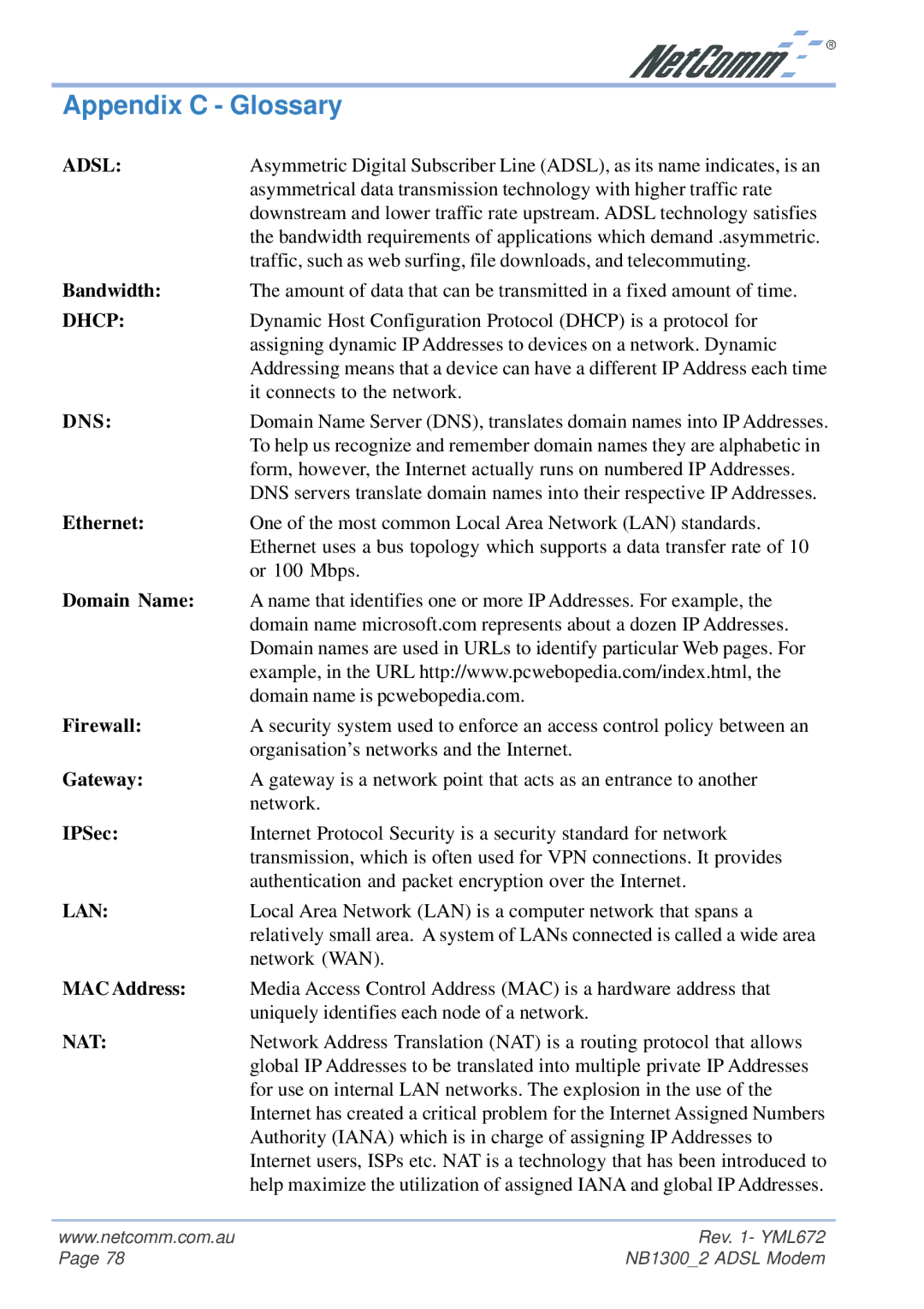 NetComm NB1300 Plus 4W manual Appendix C Glossary 