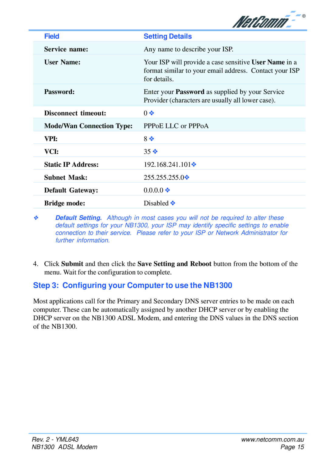 NetComm manual Configuring your Computer to use the NB1300 