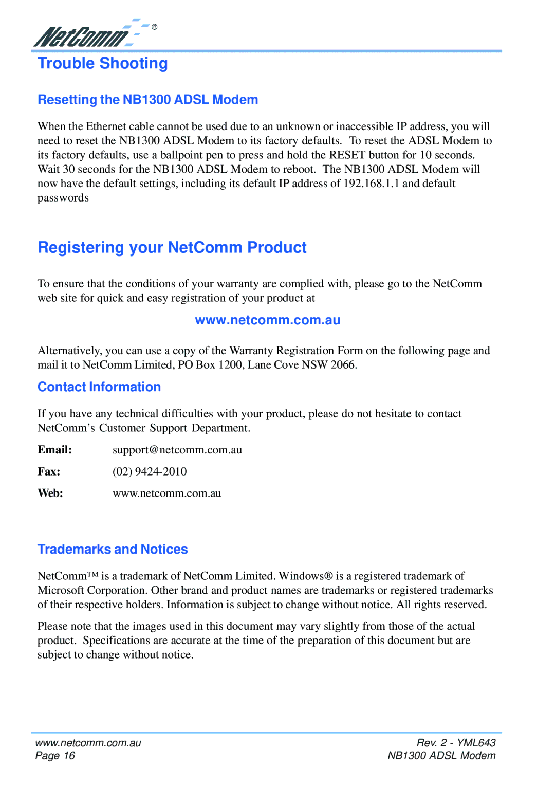 NetComm manual Trouble Shooting, Registering your NetComm Product, Resetting the NB1300 Adsl Modem, Contact Information 