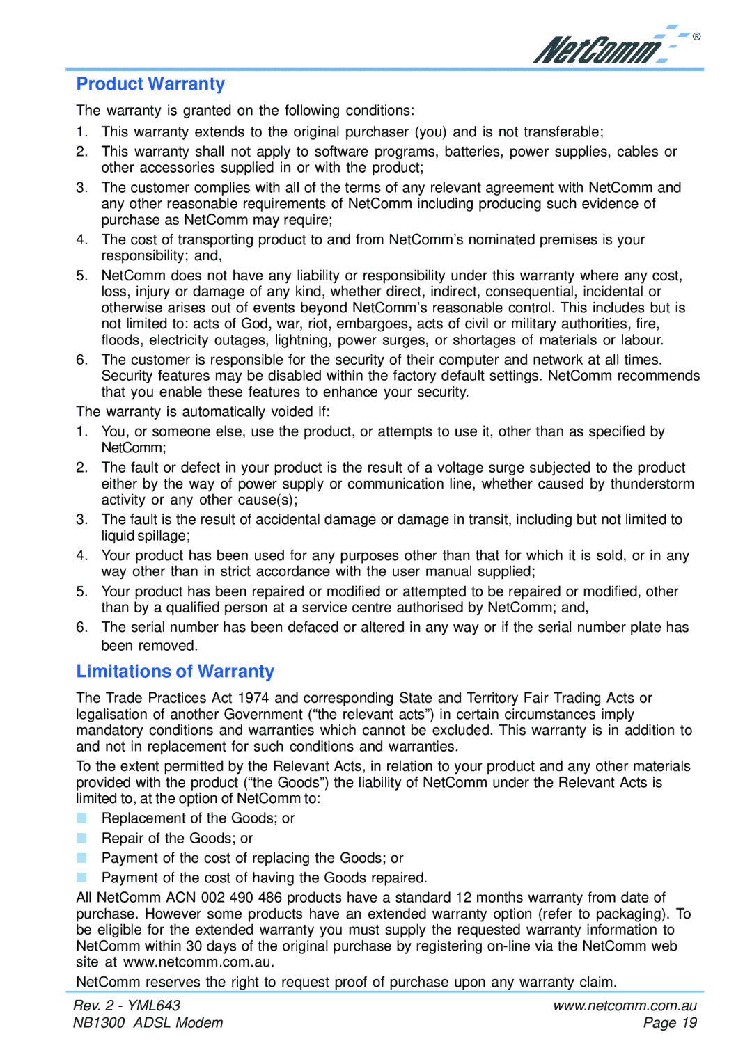 NetComm NB1300 manual Product Warranty, Limitations of Warranty 