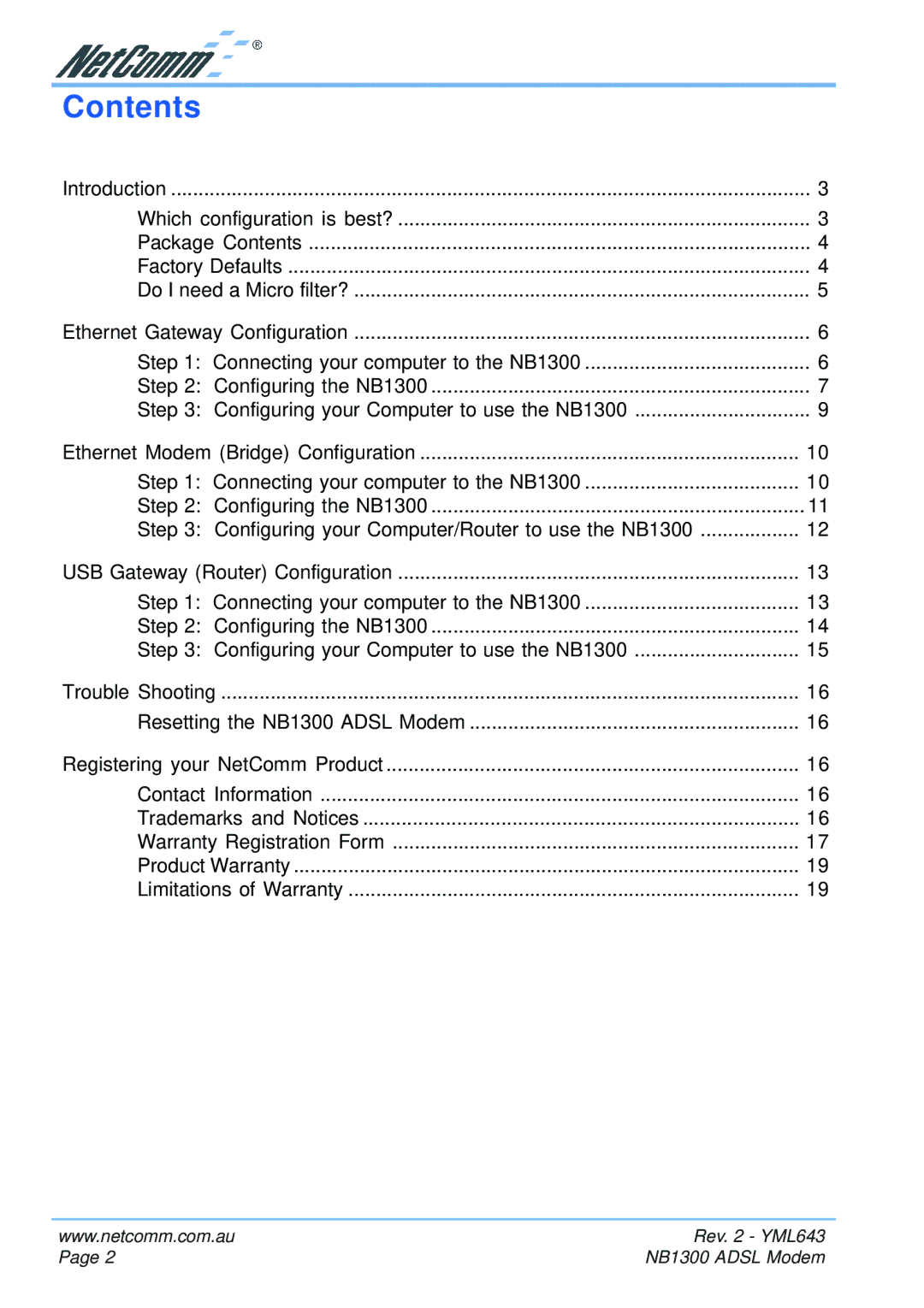 NetComm NB1300 manual Contents 