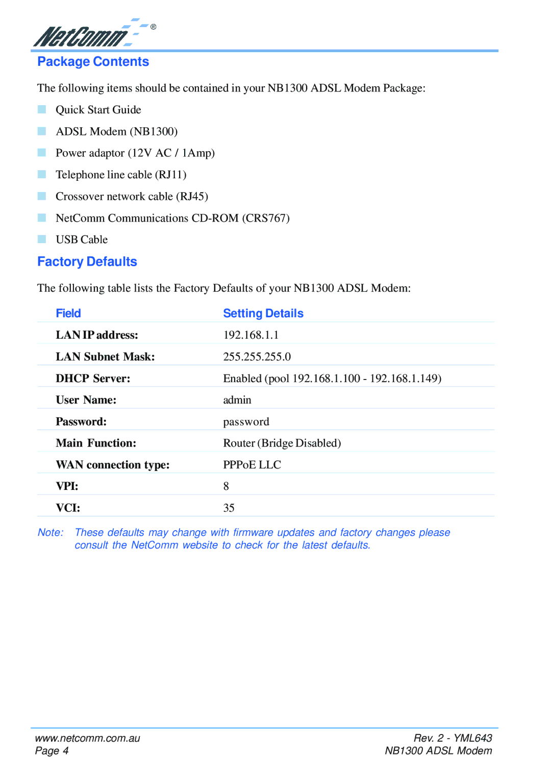 NetComm NB1300 manual Package Contents, Factory Defaults 