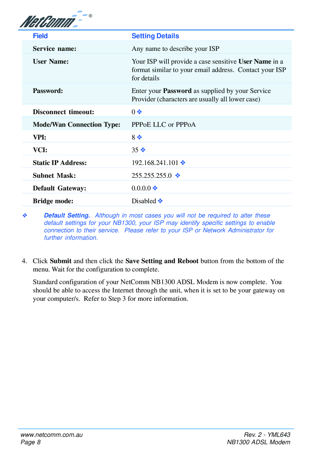 NetComm NB1300 manual Service name 