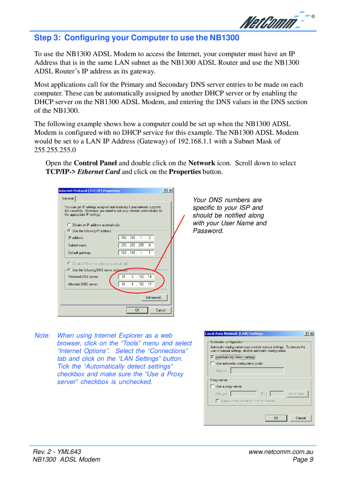 NetComm manual Configuring your Computer to use the NB1300 