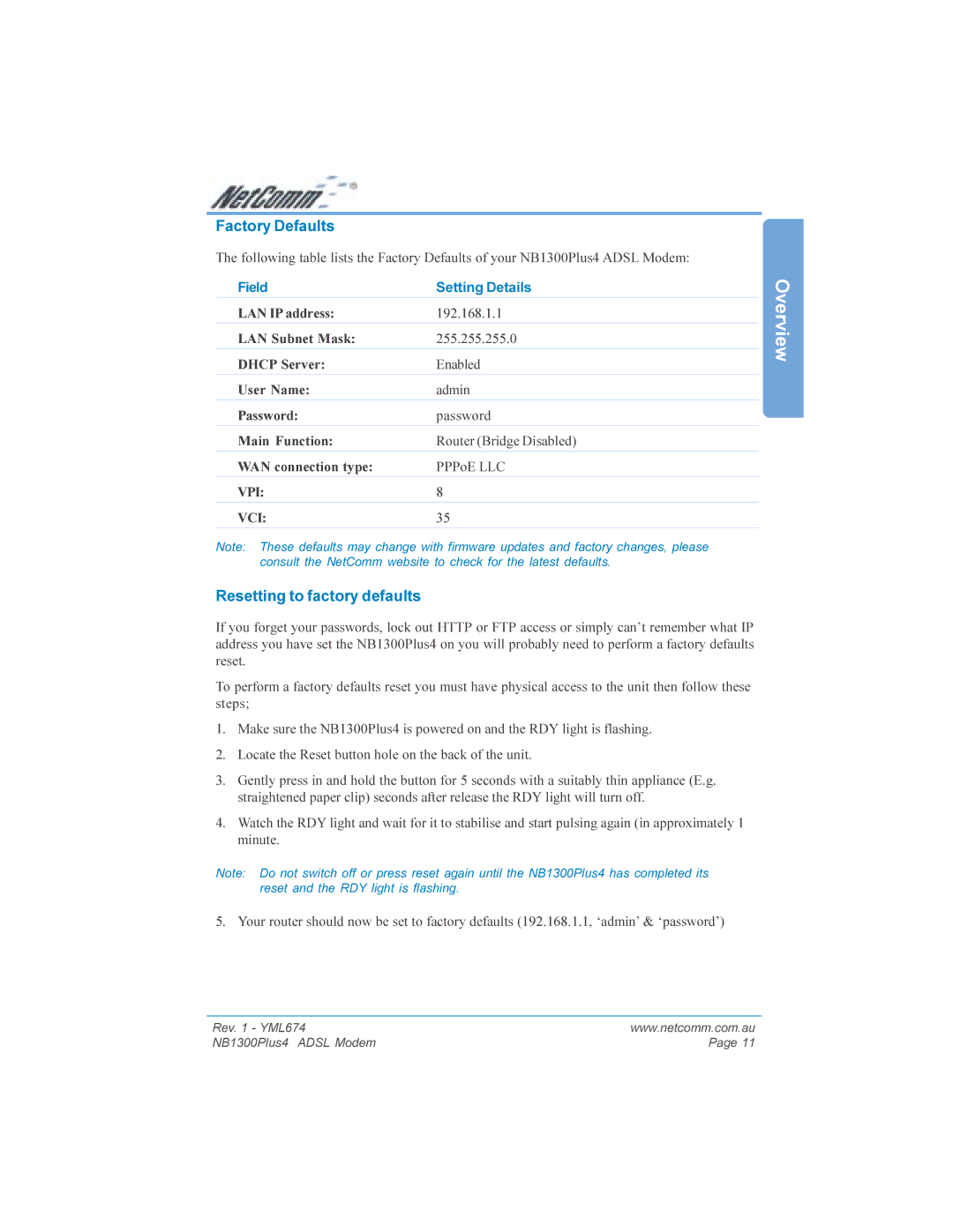 NetComm NB1300PLUS4 manual Factory Defaults, Resetting to factory defaults, Field Setting Details 