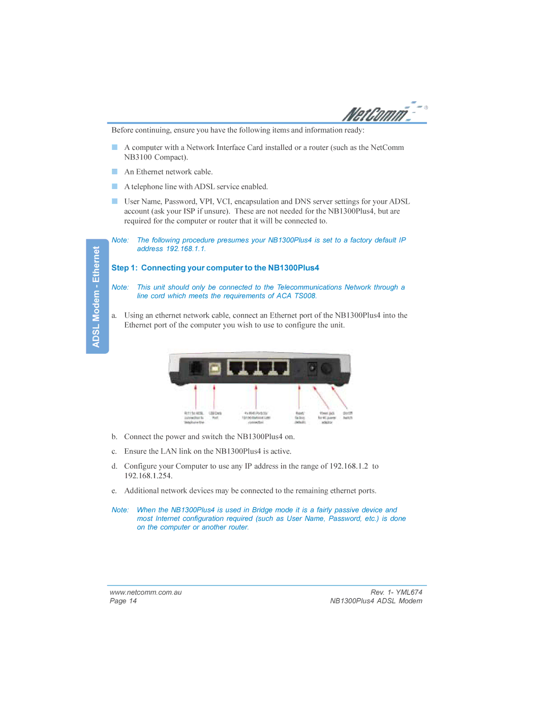 NetComm NB1300PLUS4 manual Connecting your computer to the NB1300Plus4 