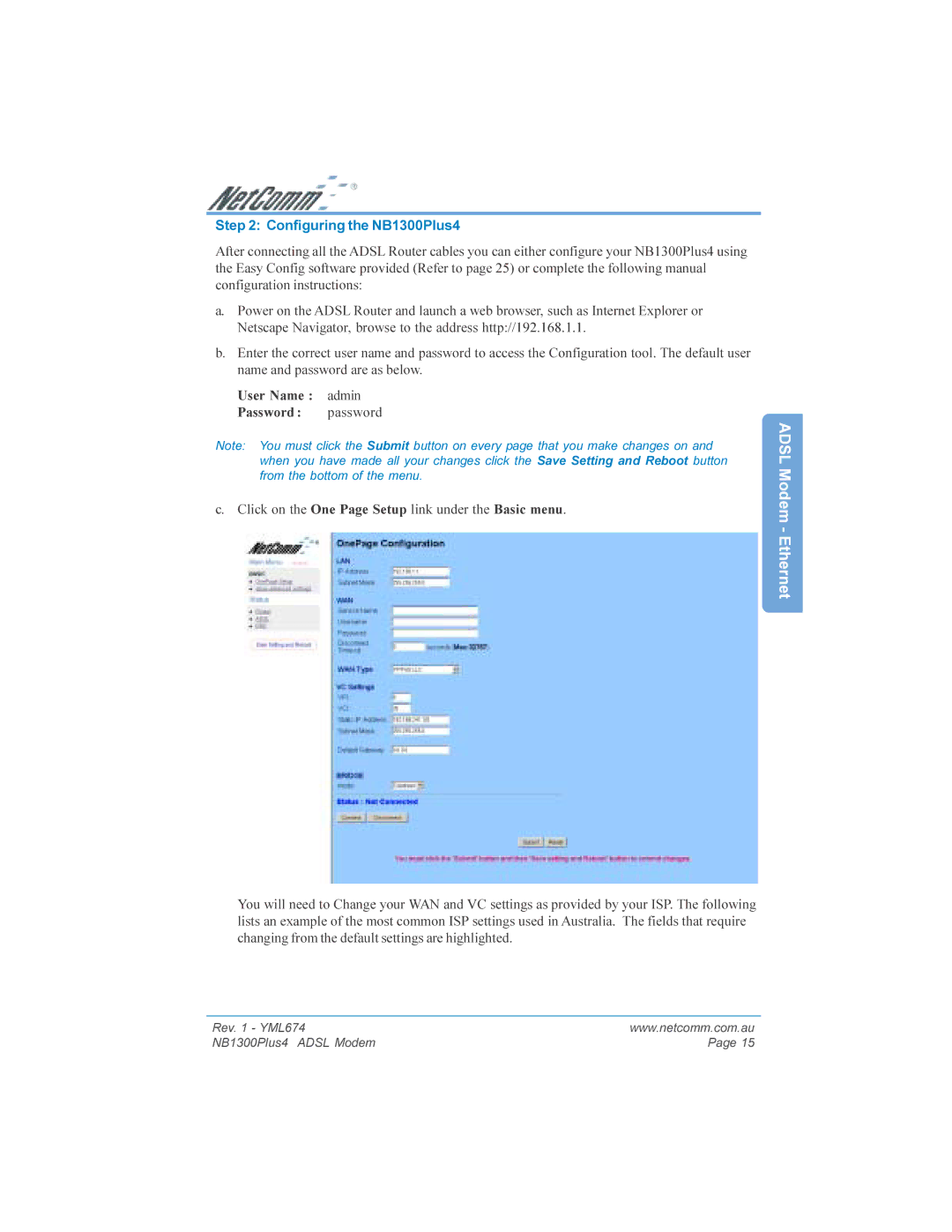 NetComm NB1300PLUS4 manual Configuring the NB1300Plus4 