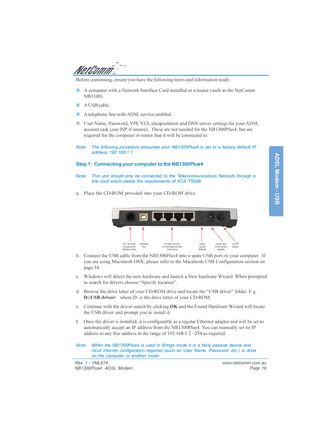 NetComm NB1300PLUS4 manual Connecting your computer to the NB1300Plus4 