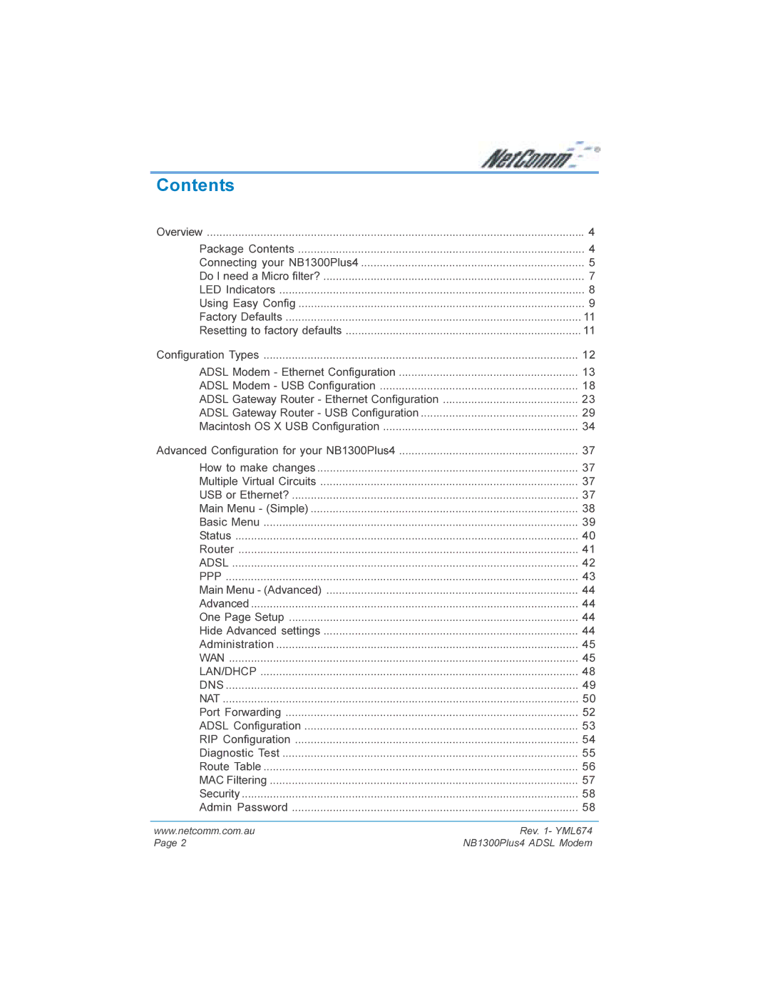 NetComm NB1300PLUS4 manual Contents 