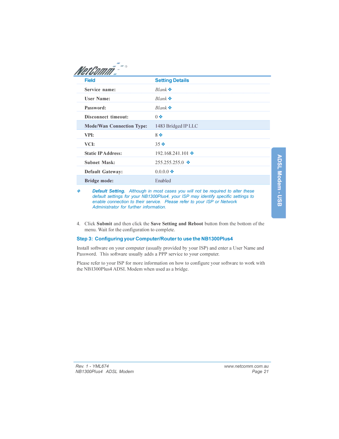 NetComm NB1300PLUS4 manual Field Setting Details, Configuring your Computer/Router to use the NB1300Plus4 