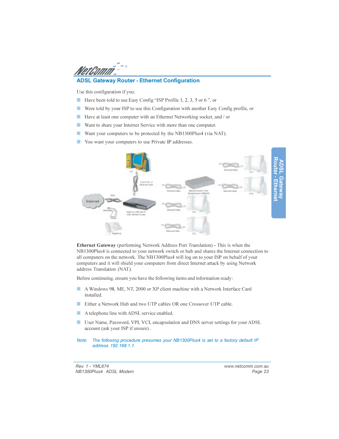 NetComm NB1300PLUS4 manual Adsl Gateway Router Ethernet Configuration 