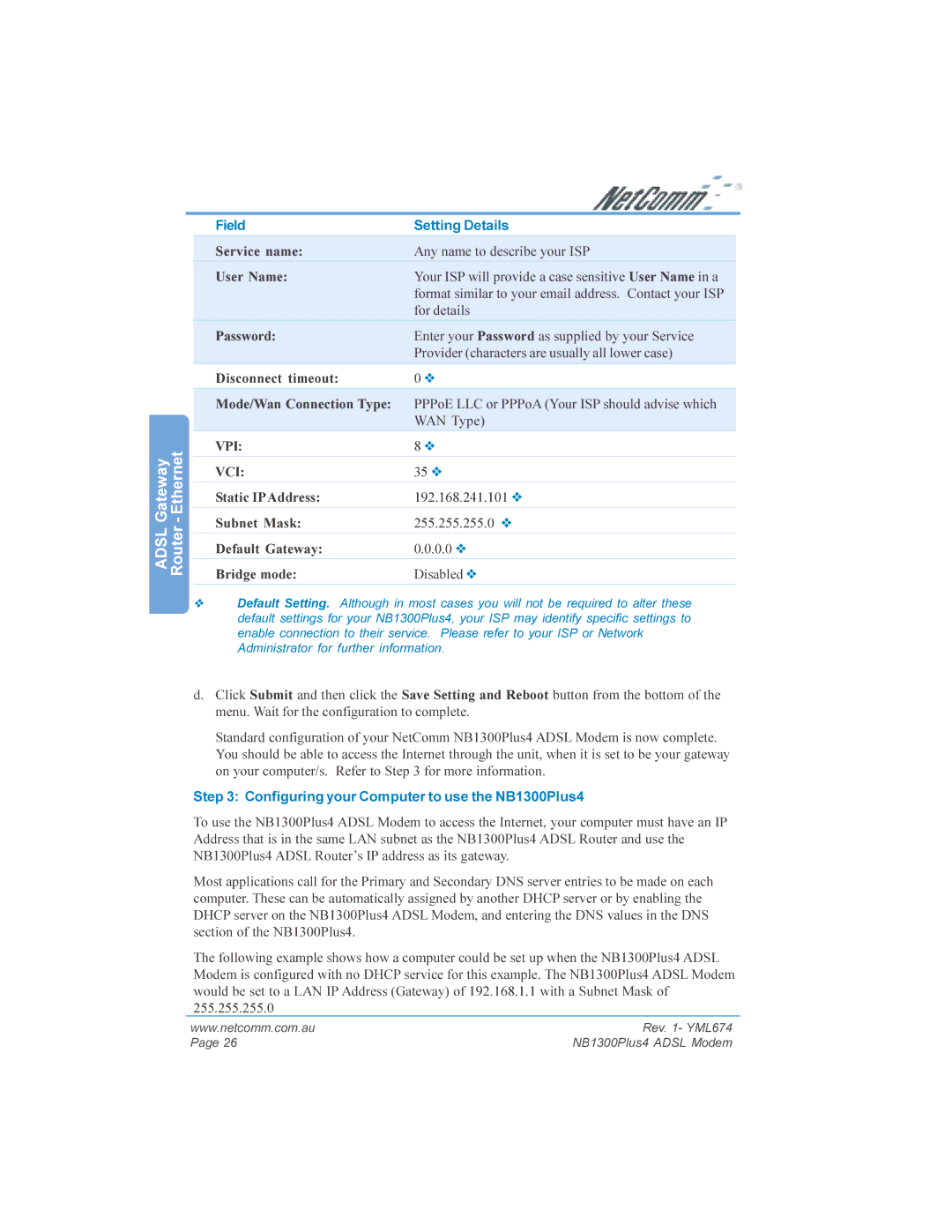 NetComm NB1300PLUS4 manual Adsl Router, Configuring your Computer to use the NB1300Plus4 