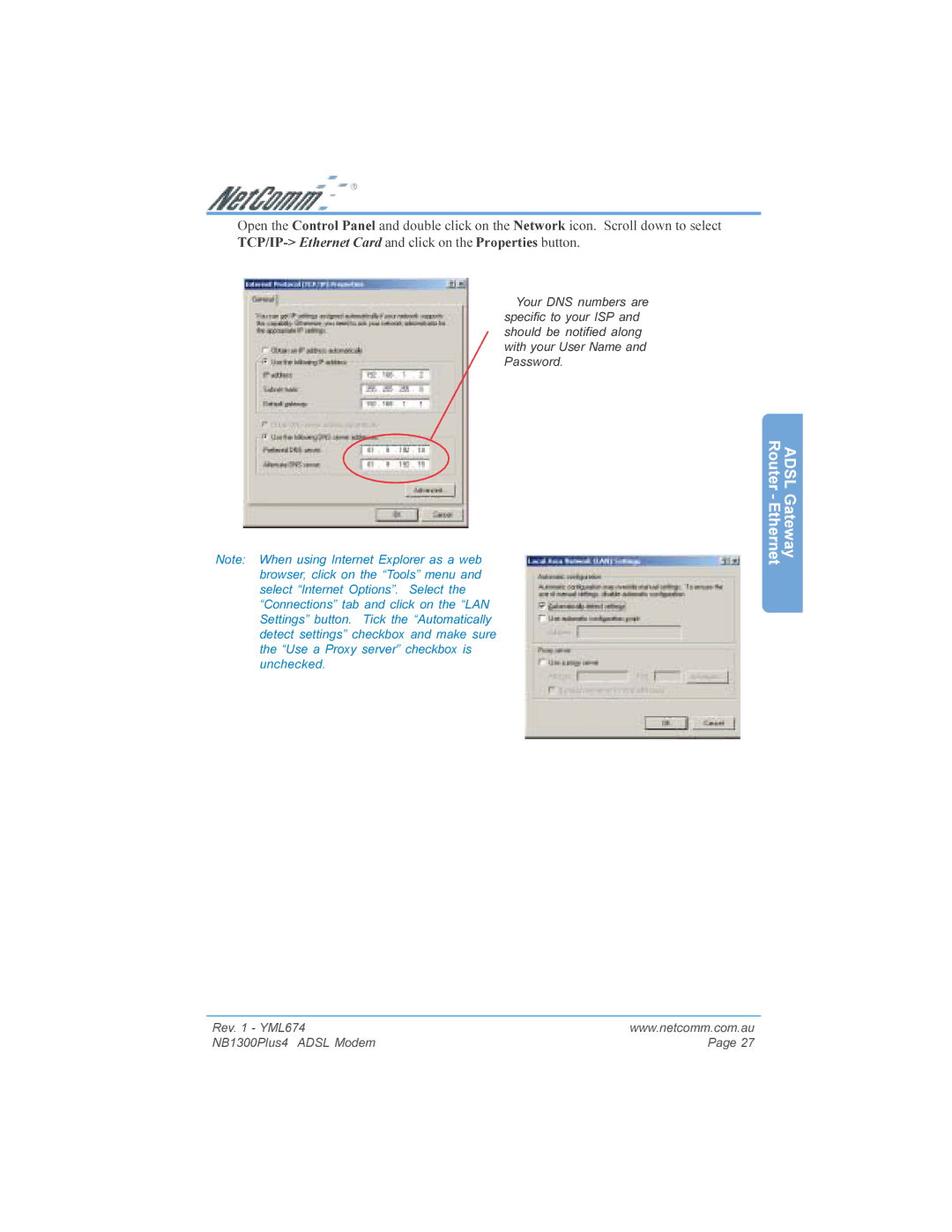 NetComm NB1300PLUS4 manual Adsl Gateway Router Ethernet 