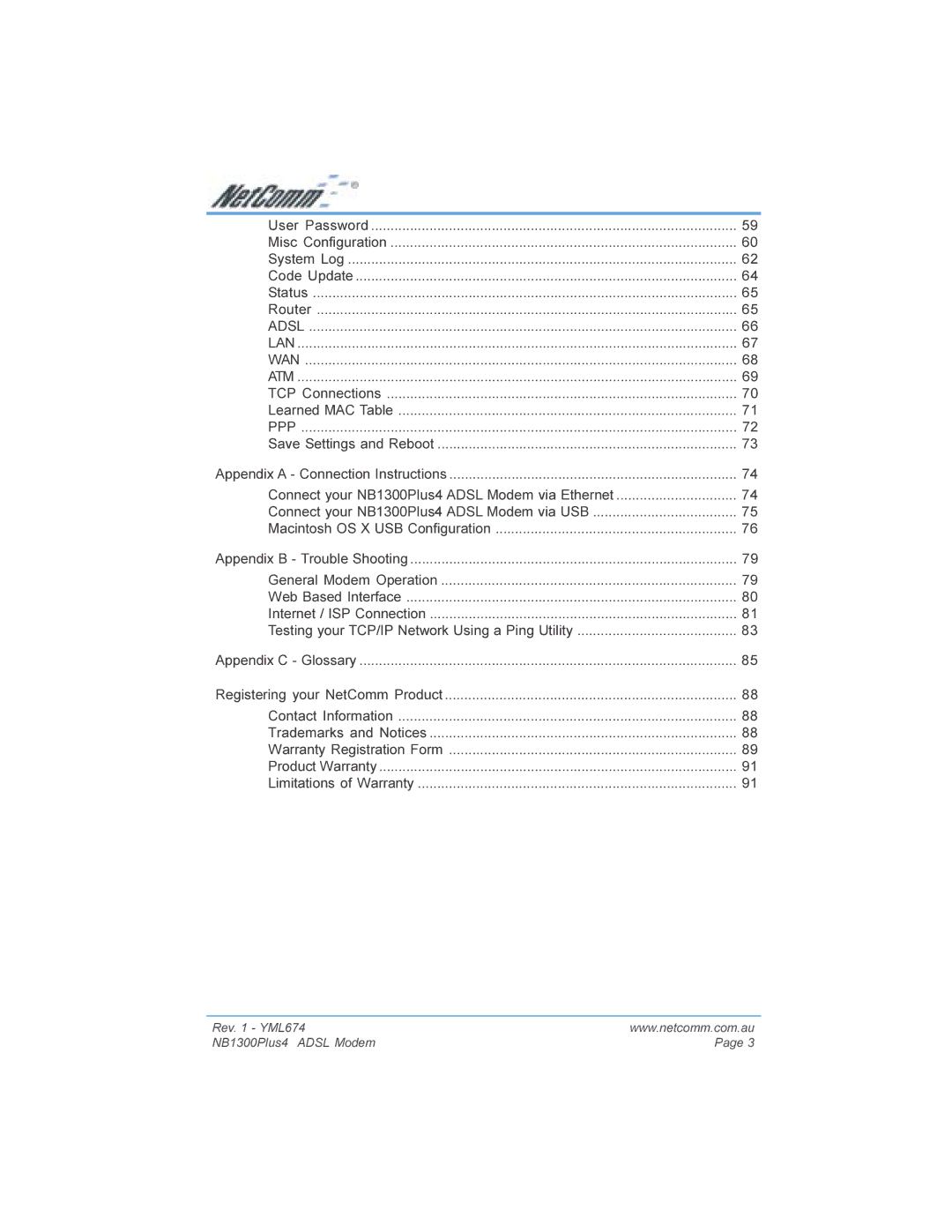 NetComm NB1300PLUS4 manual Adsl LAN WAN ATM 