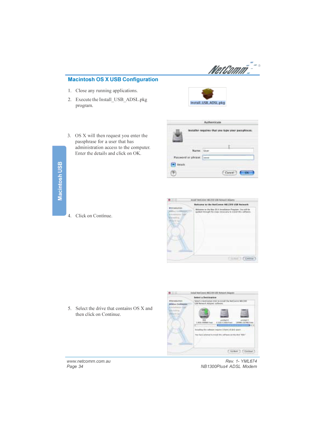 NetComm NB1300PLUS4 manual Macintosh OS X USB Configuration, Macintosh USB 