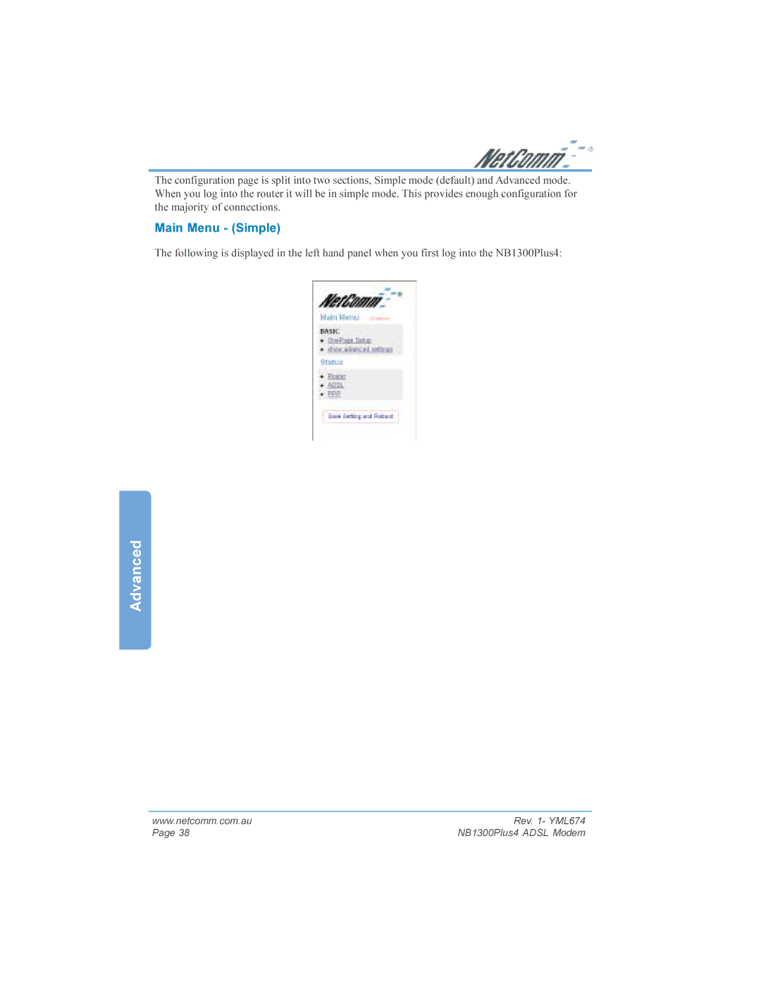 NetComm NB1300PLUS4 manual Main Menu Simple 