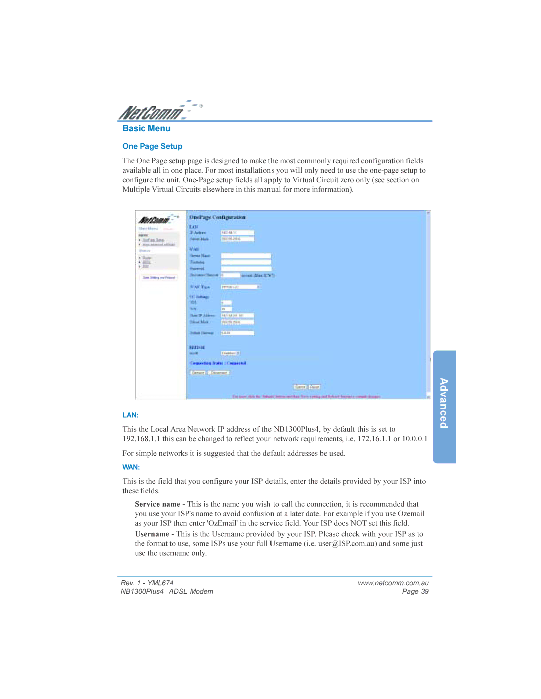 NetComm NB1300PLUS4 manual Basic Menu, One Page Setup 