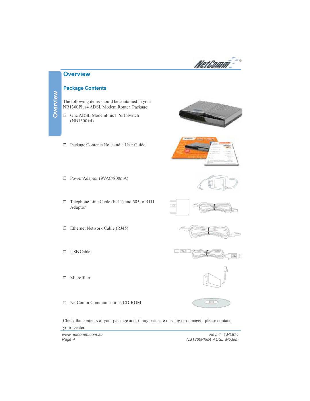 NetComm NB1300PLUS4 manual Overview, Package Contents 