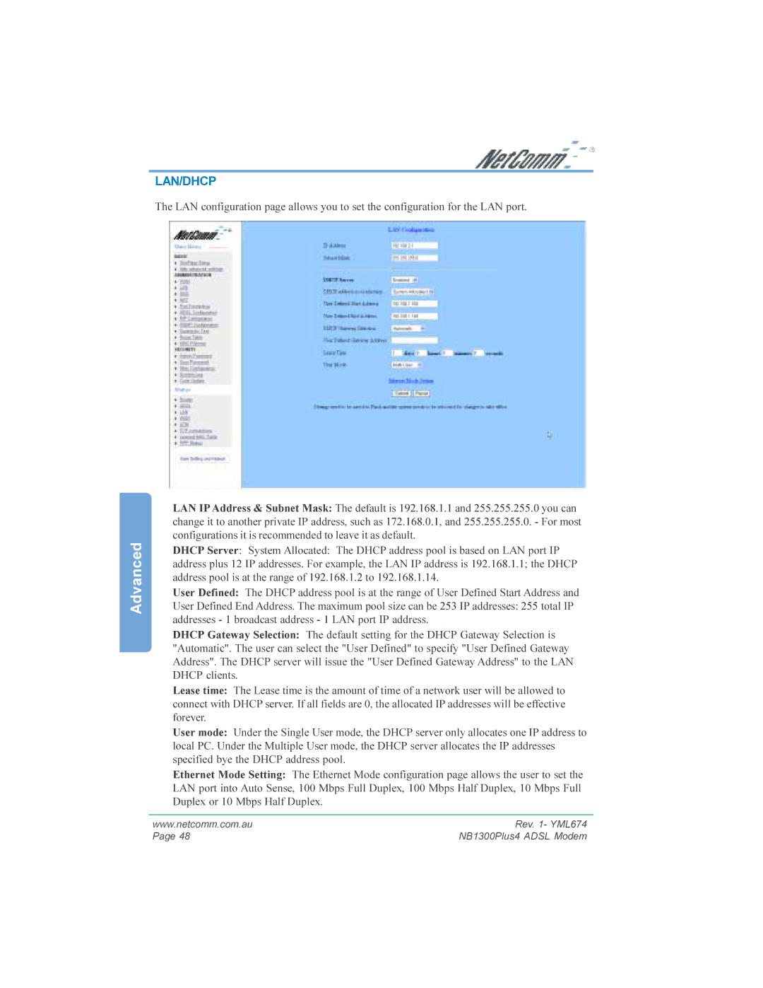 NetComm NB1300PLUS4 manual Lan/Dhcp 