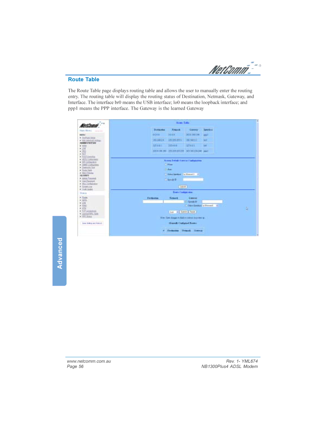 NetComm NB1300PLUS4 manual Route Table 