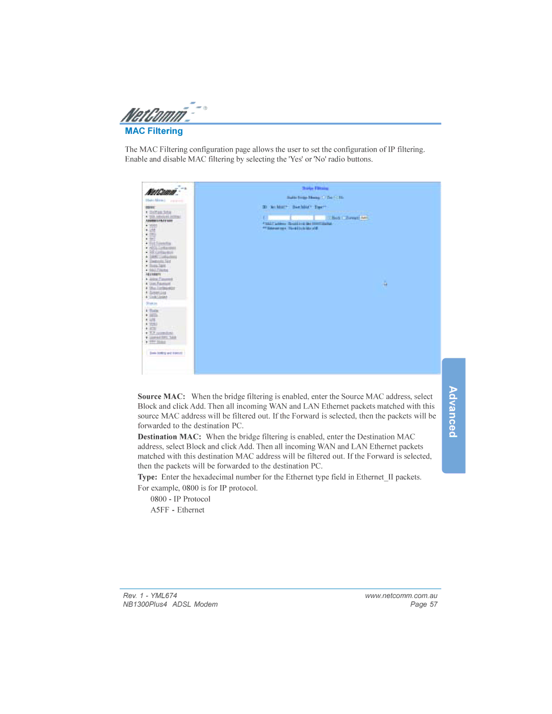 NetComm NB1300PLUS4 manual MAC Filtering 