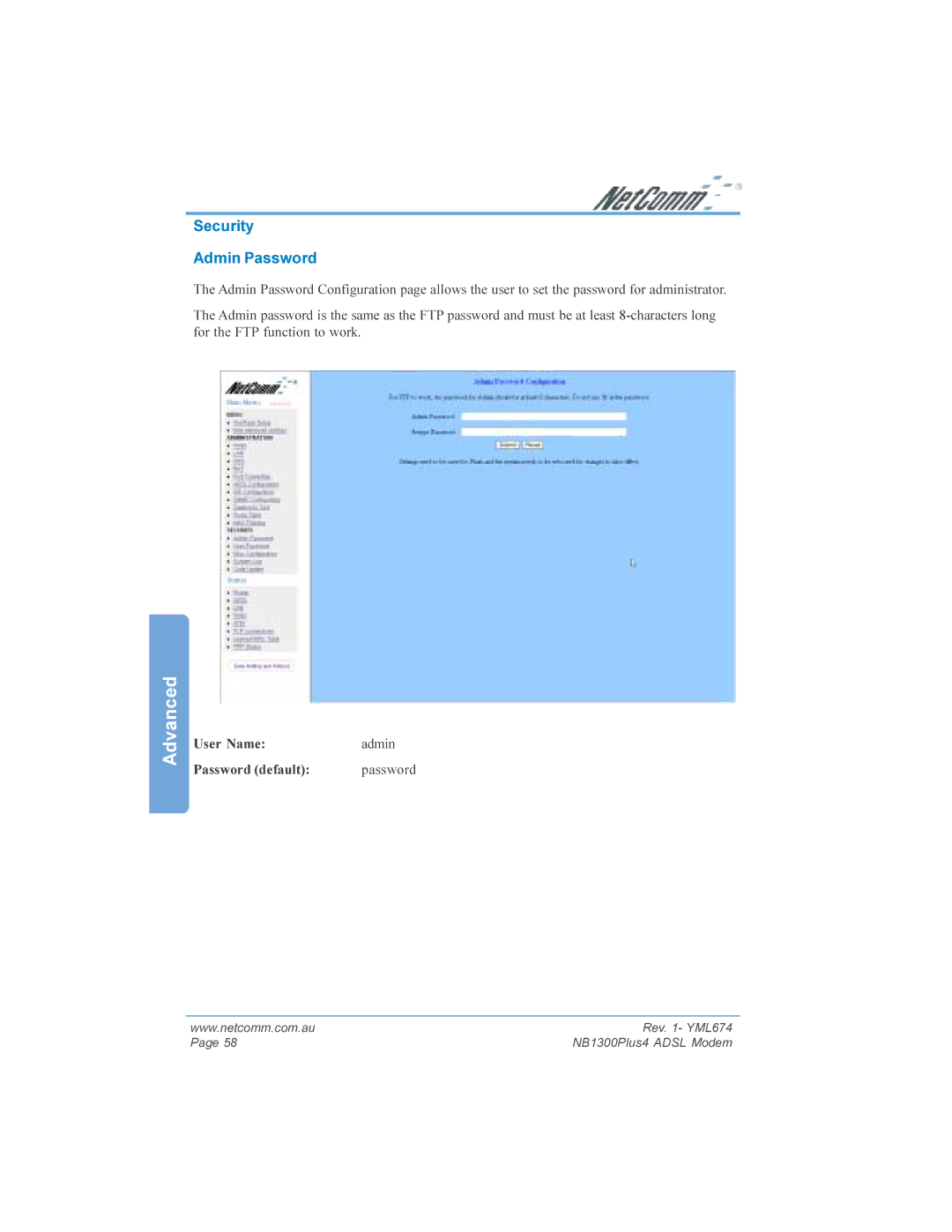 NetComm NB1300PLUS4 manual Security Admin Password 