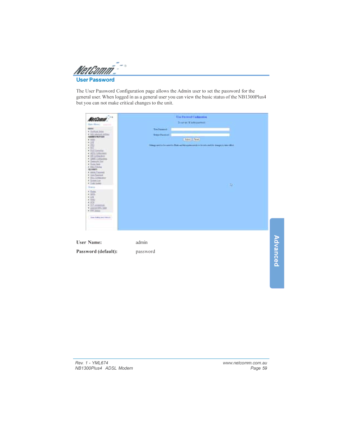 NetComm NB1300PLUS4 manual User Password 