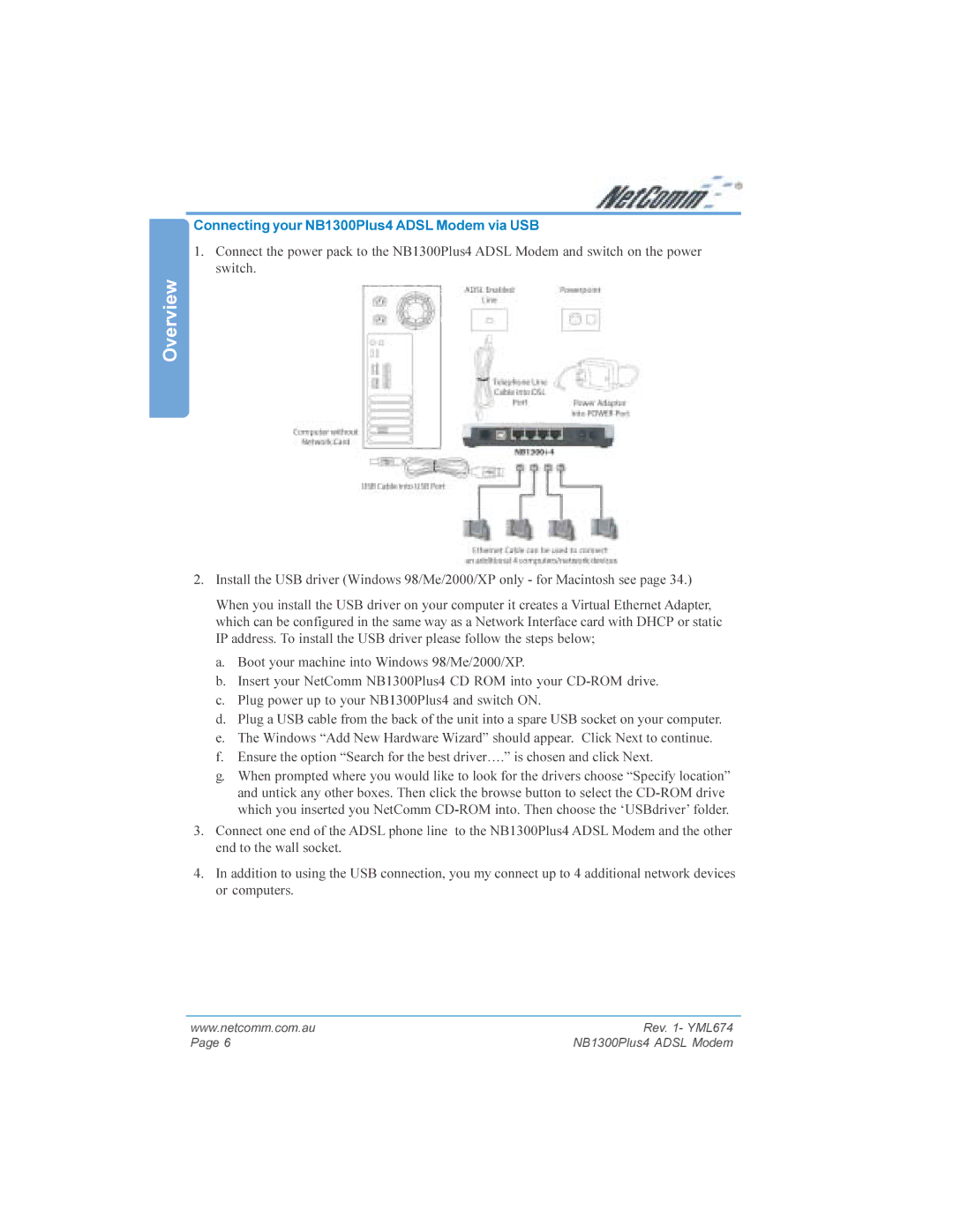 NetComm NB1300PLUS4 manual Connecting your NB1300Plus4 Adsl Modem via USB 