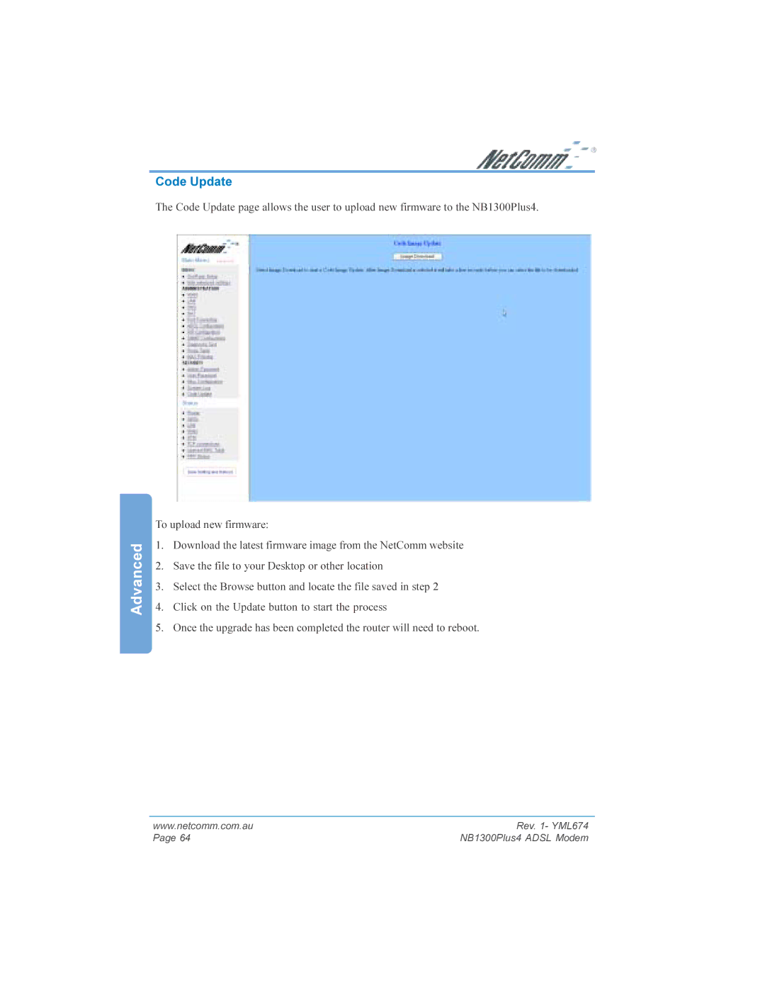 NetComm NB1300PLUS4 manual Code Update 