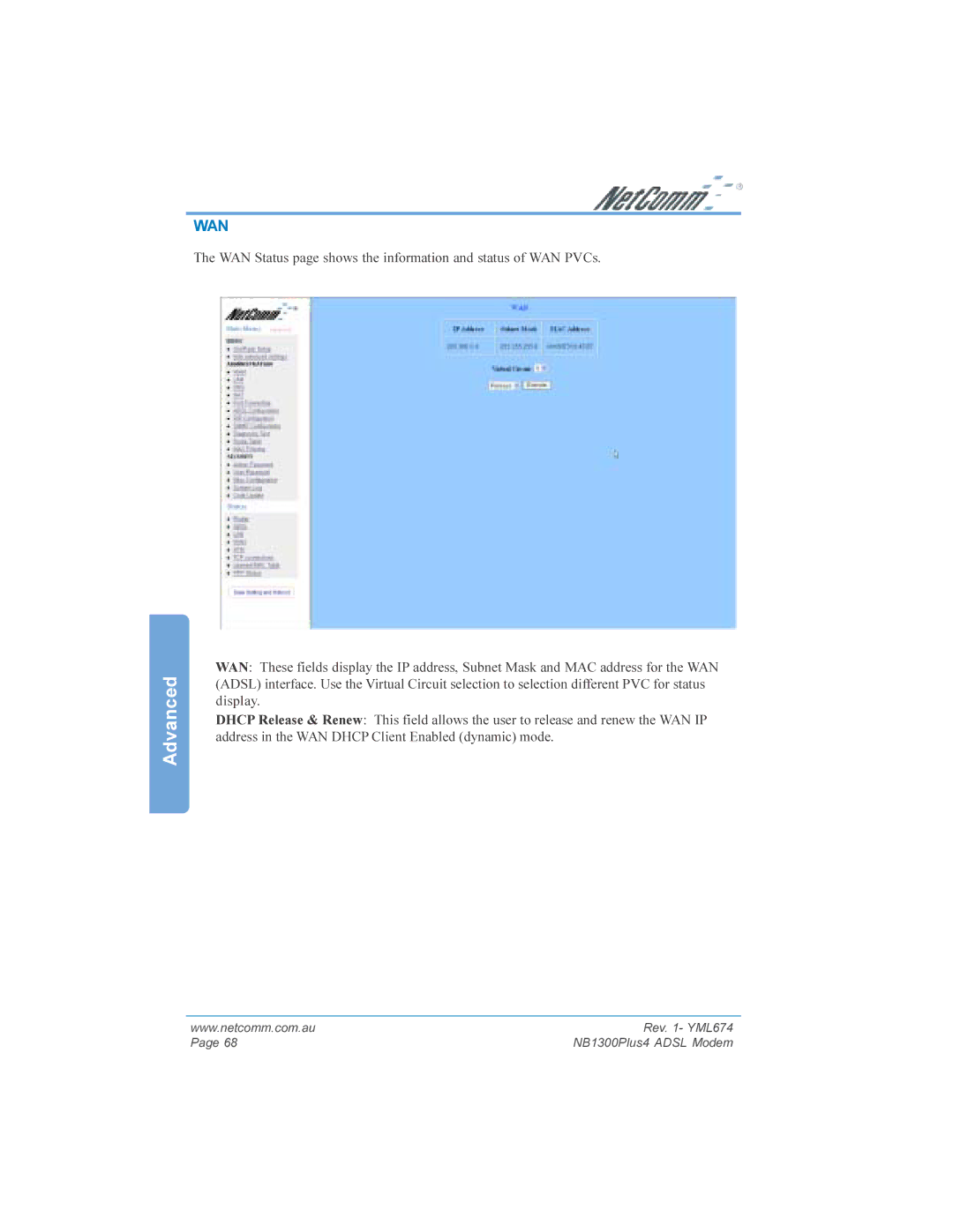 NetComm NB1300PLUS4 manual WAN Status page shows the information and status of WAN PVCs 