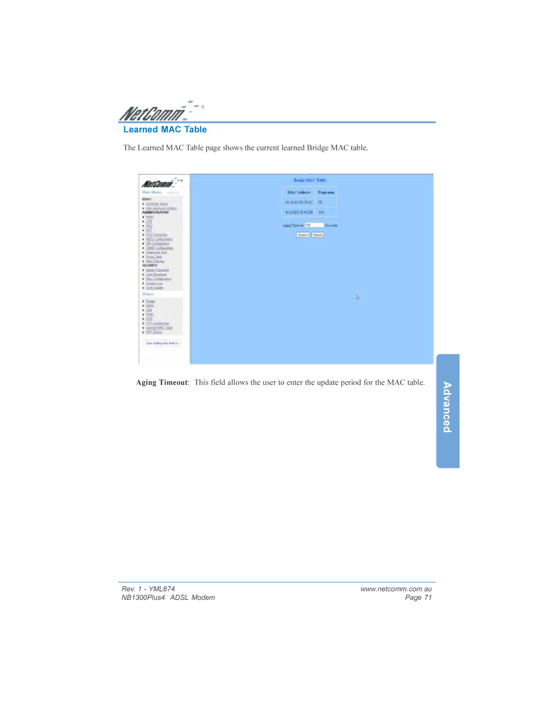 NetComm NB1300PLUS4 manual Learned MAC Table 