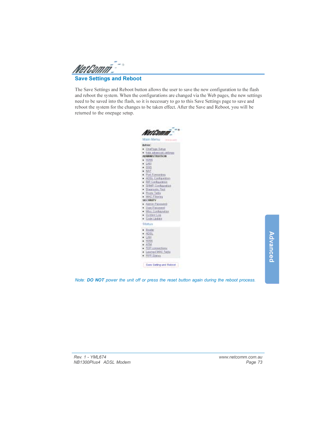 NetComm NB1300PLUS4 manual Save Settings and Reboot 