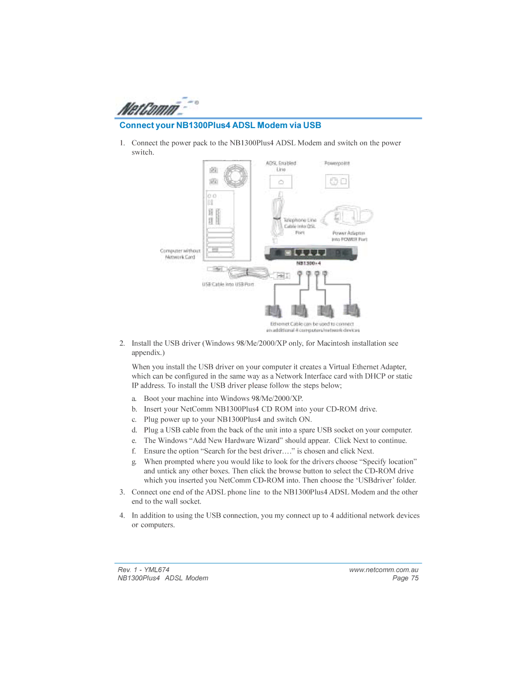 NetComm NB1300PLUS4 manual Connect your NB1300Plus4 Adsl Modem via USB 