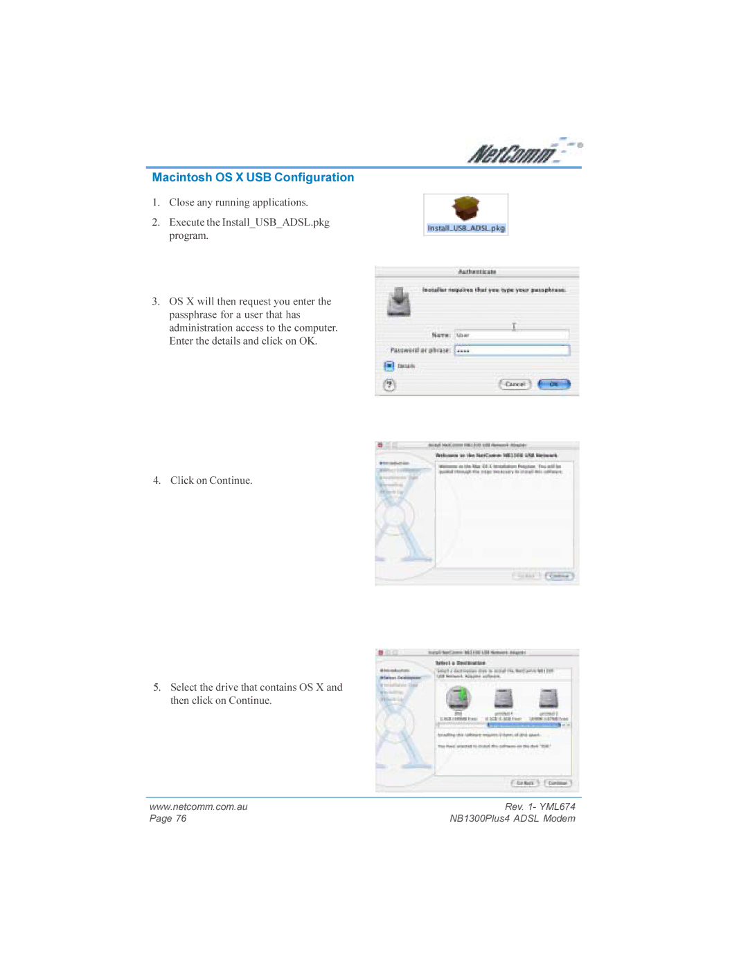 NetComm NB1300PLUS4 manual Macintosh OS X USB Configuration 