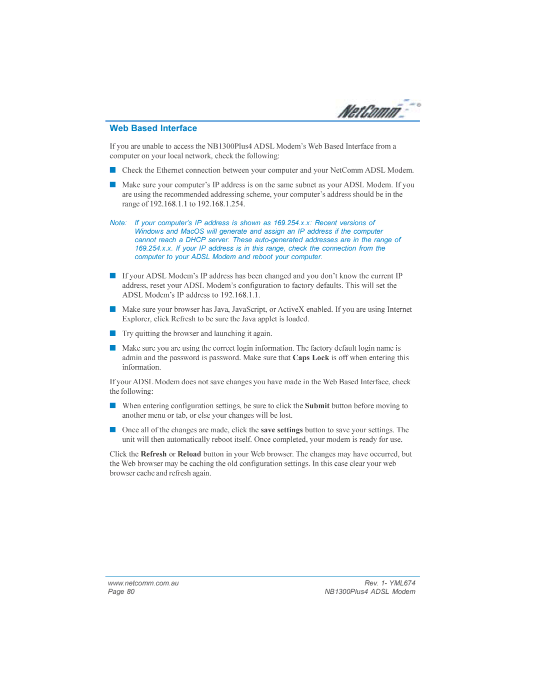 NetComm NB1300PLUS4 manual Web Based Interface 