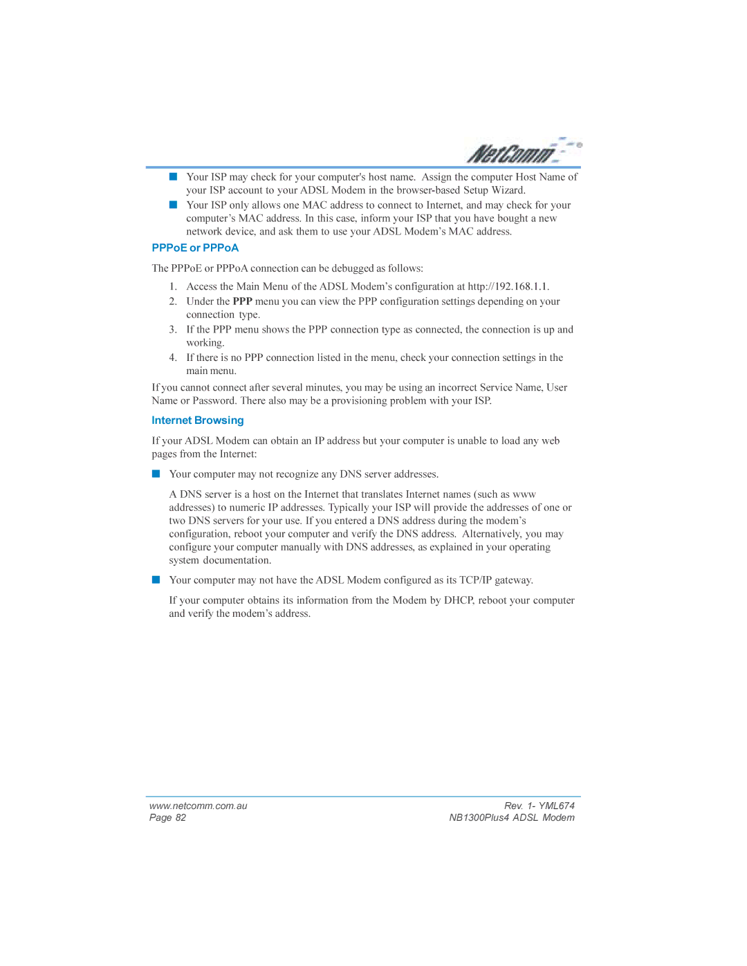 NetComm NB1300PLUS4 manual PPPoE or PPPoA, Internet Browsing 