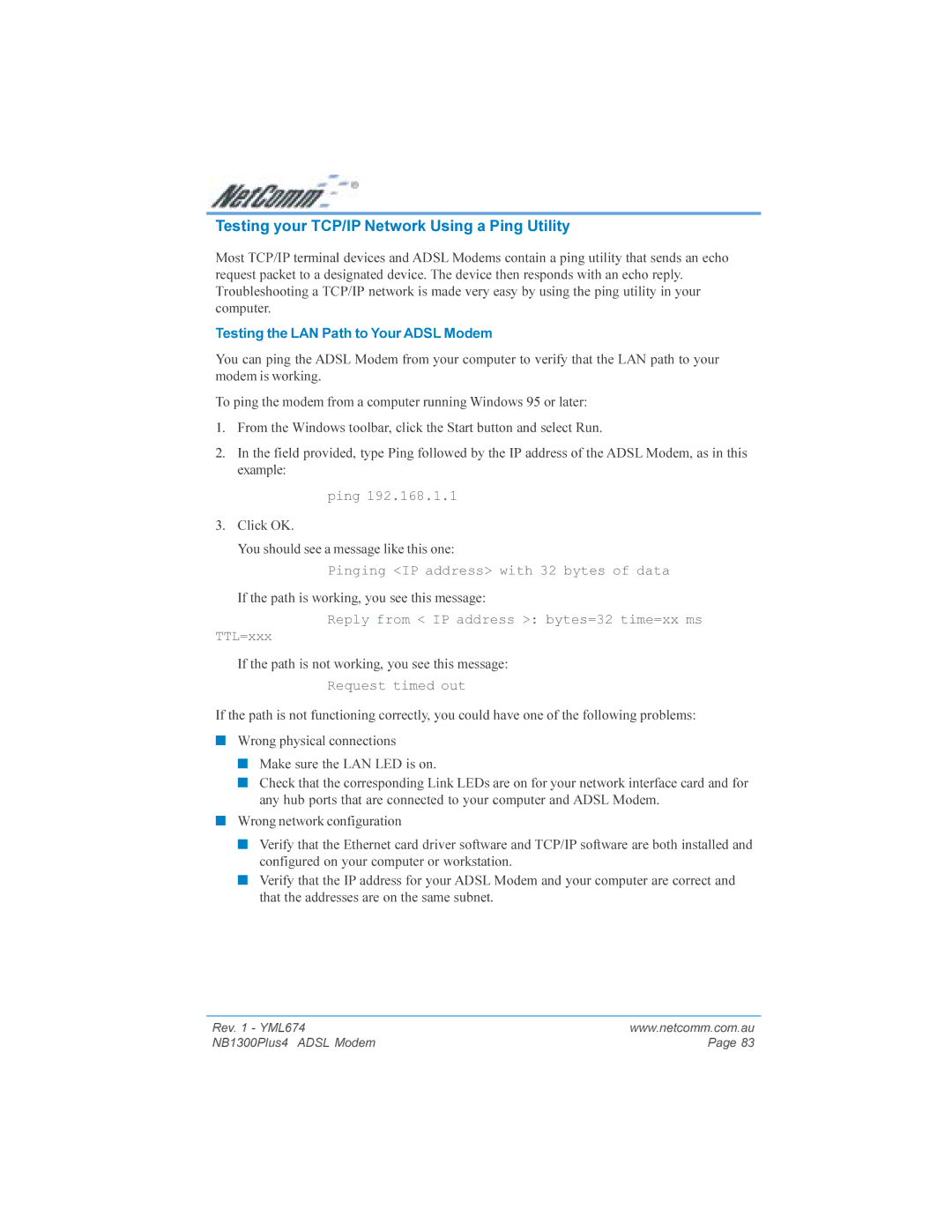 NetComm NB1300PLUS4 manual Testing your TCP/IP Network Using a Ping Utility, Testing the LAN Path to Your Adsl Modem 