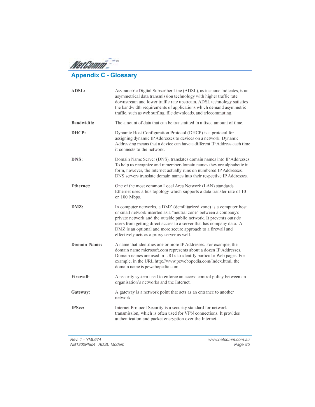 NetComm NB1300PLUS4 manual Appendix C Glossary 