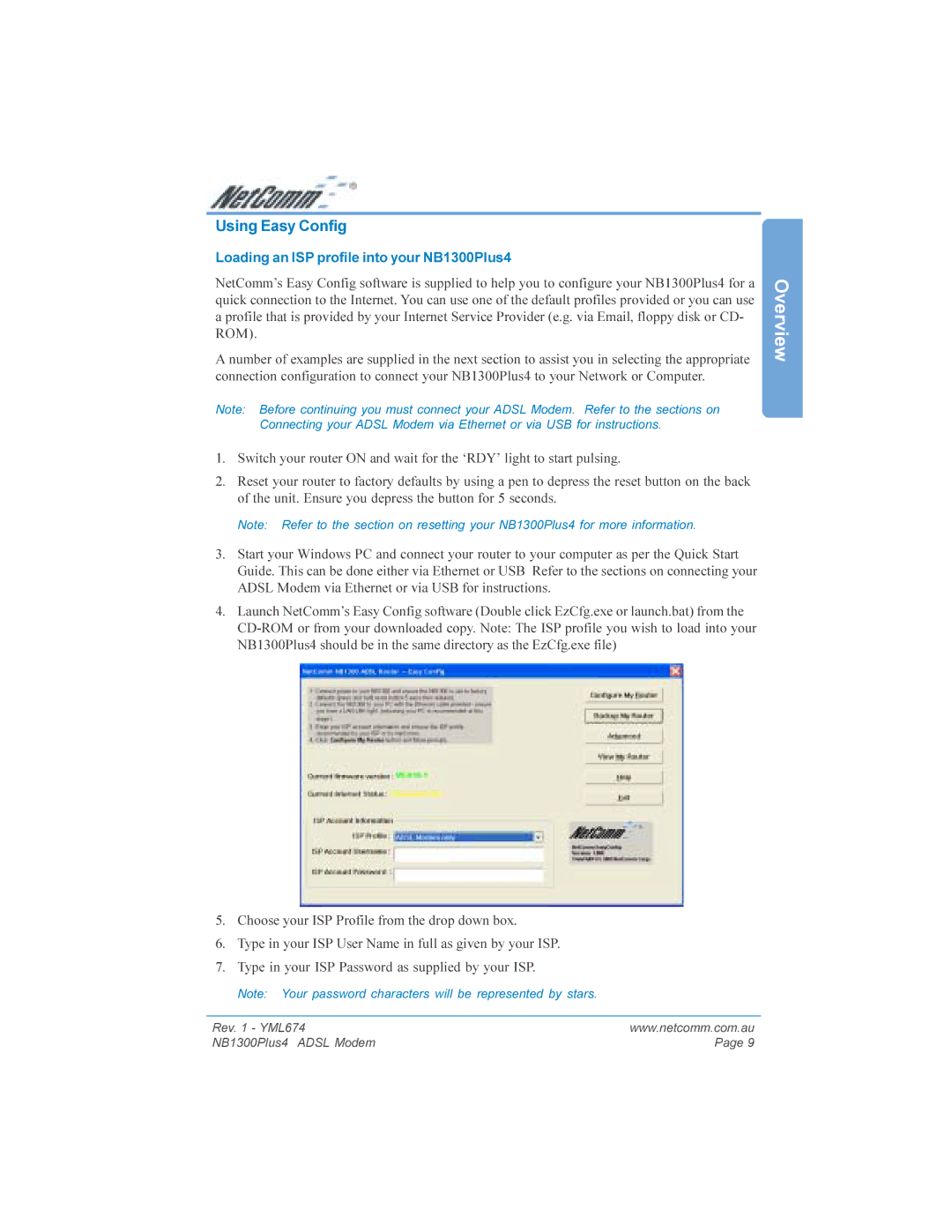 NetComm NB1300PLUS4 manual Using Easy Config, Loading an ISP profile into your NB1300Plus4 