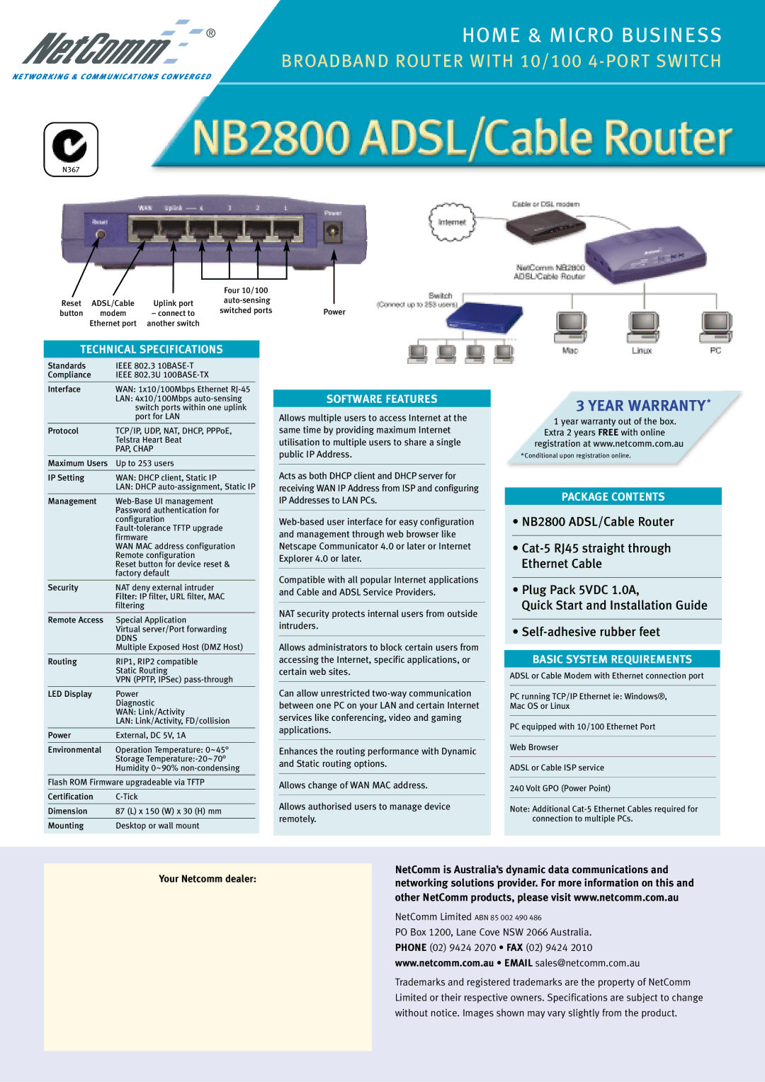 NetComm NB2800 manual Technical Specifications, Software Features, Package Contents, Basic System Requirements 