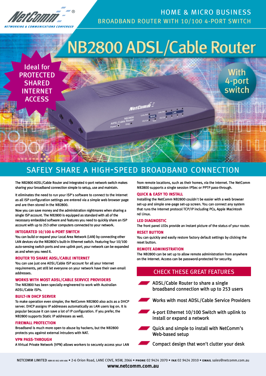 NetComm NB2800 manual Home & Micro Business, Ideal for PROTECTED SHARED INTERNET ACCESS, Check These Great Features 