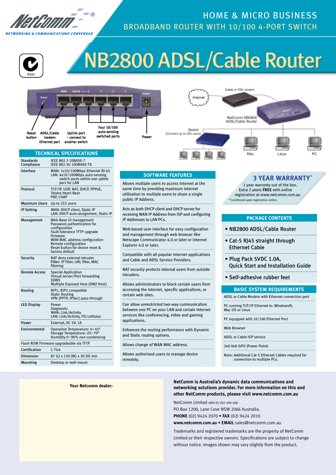 NetComm NB2800 Home & Micro Business, BROADBAND ROUTER WITH 10/100 4-PORT SWITCH, Year Warranty, Self-adhesive rubber feet 