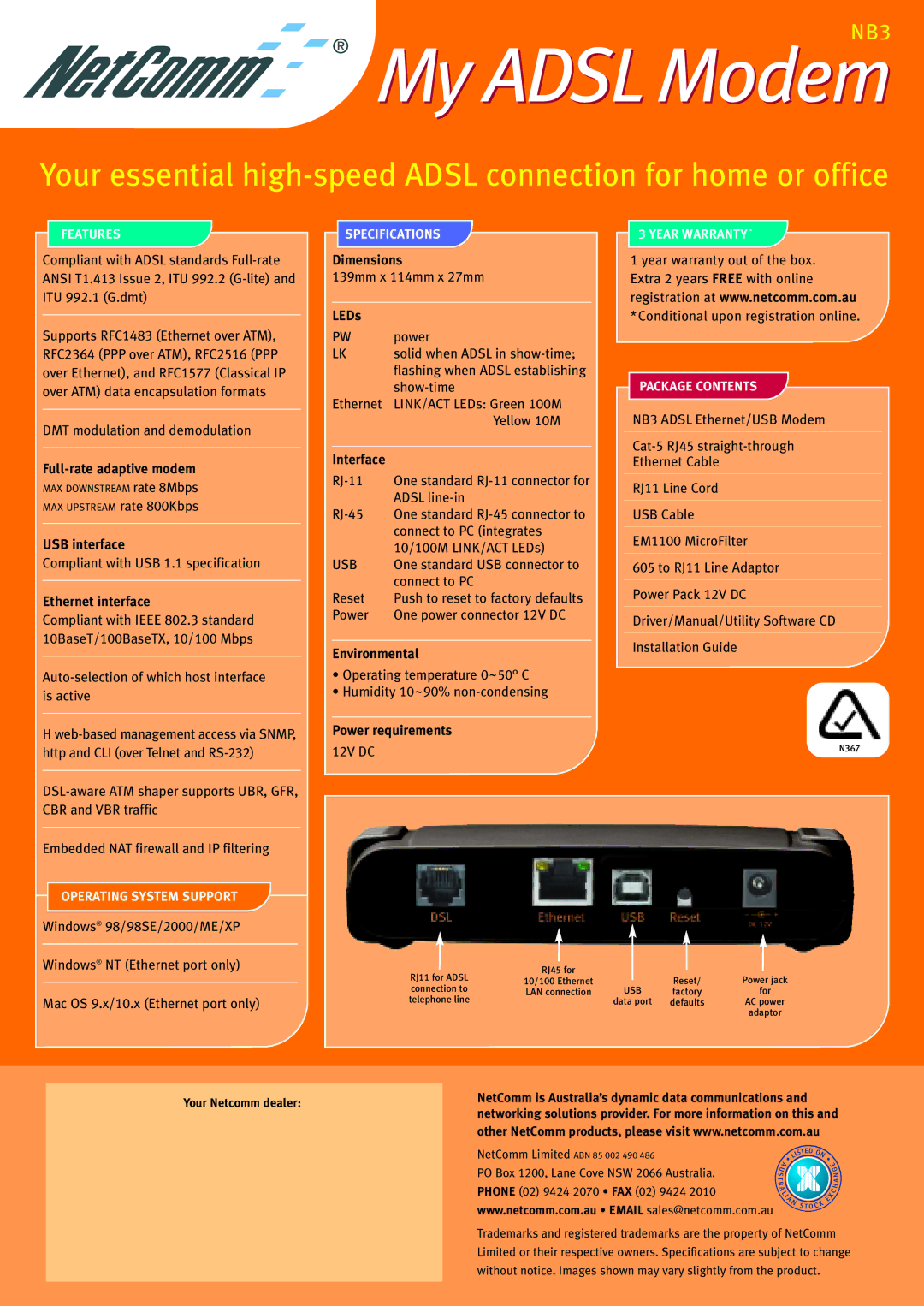 NetComm NB3 manual Full-rate adaptive modem, USB interface, Ethernet interface, Dimensions, LEDs, Interface, Environmental 